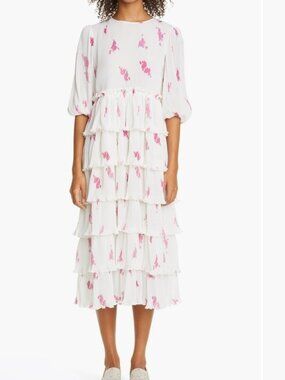 GANNI Rose Print Georgette Midi Dress Size 38